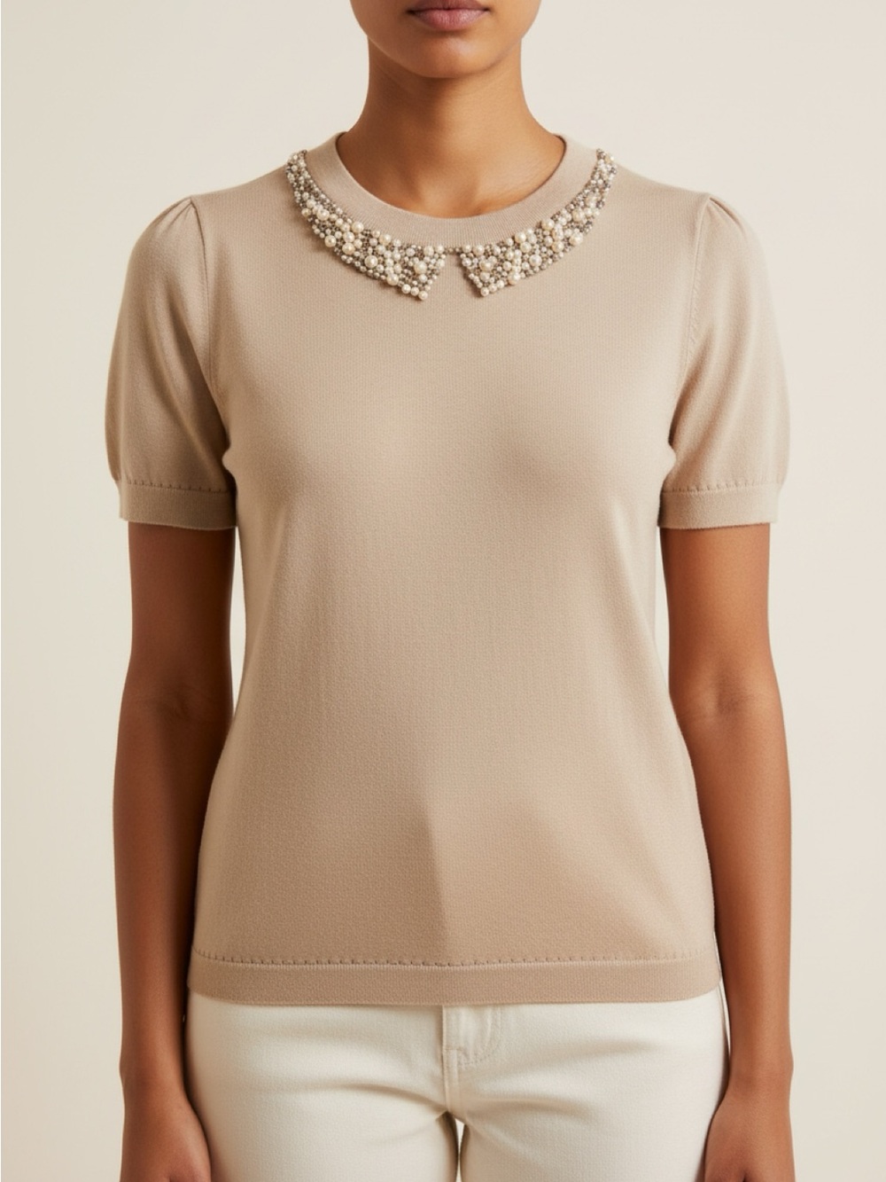 kate spade Beige Pearl-Collar Short Sleeve Top